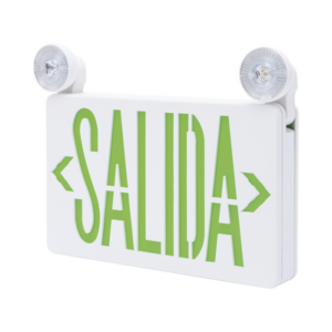 Letrero de Emergencia LED DUAL / Luz de Salida y Emergencia Integrada / Montaje Universal Pared-Lateral-Techo / Doble Voltaje 120-277 VAC / Batería 6V 4.5Ah / 3W Bajo Consumo