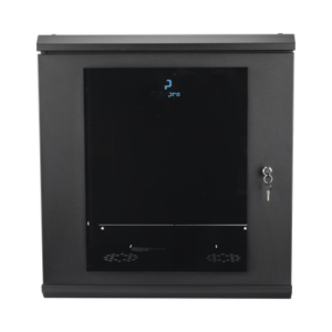 Gabinete Rack de Pared 12 Unidades / 19 Pulgadas / Ventilado / Puerta de Vidrio / Acero Calibre 18 / Carga 100 Kg / 635 x 606 x 612 mm (25 x 23.9 x 24.1 in) / Pintura Electrostática / Negro