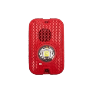 Sirena con Lámpara LED Estroboscópica / 2 Hilos / Montaje en Pared / 16 a 24 Vcd / Configuración Estroboscópica Seleccionable / Texto en Inglés / Color Rojo / Uso exterior