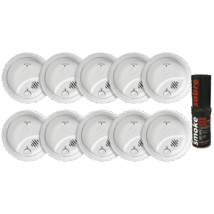 Kit de 10 Detectores de Humo Autónomos FIRST ALERT por Ionización / Alarma 85 dB / Botón Prueba y Silencio / Probador SABRE SDI