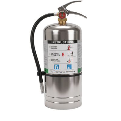 Extintor de Agente Húmedo 6 L (1.6 gal) / Especializado en Fuegos de Cocina Clase K y A / Cilindro Acero Inoxidable / Válvula de Latón / Certificación UL-ULC EX 26669