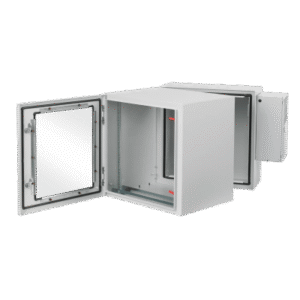 Gabinete Industrial ProTek de Puerta con Ventana, Con Aire Acondicionado de 800 BTU, Protección NEMA Tipo 4/12; IP66; IK10, Abatible, Fabricado en Acero, 19 UR, Color Gris Claro