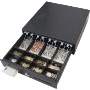 Cajón de Efectivo / Compacto 330 mm / 4 Billetes + 8 Monedas / Apertura RJ11 / Cerradura con Llave / Punto de Venta