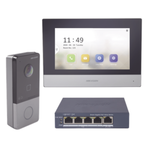 Kit de Videoportero IP / Pantalla Táctil 7" / Cámara 1080p / IR Nocturno 3 m (9.8 ft) / IP65 / PoE / Apertura MIFARE / App Móvil